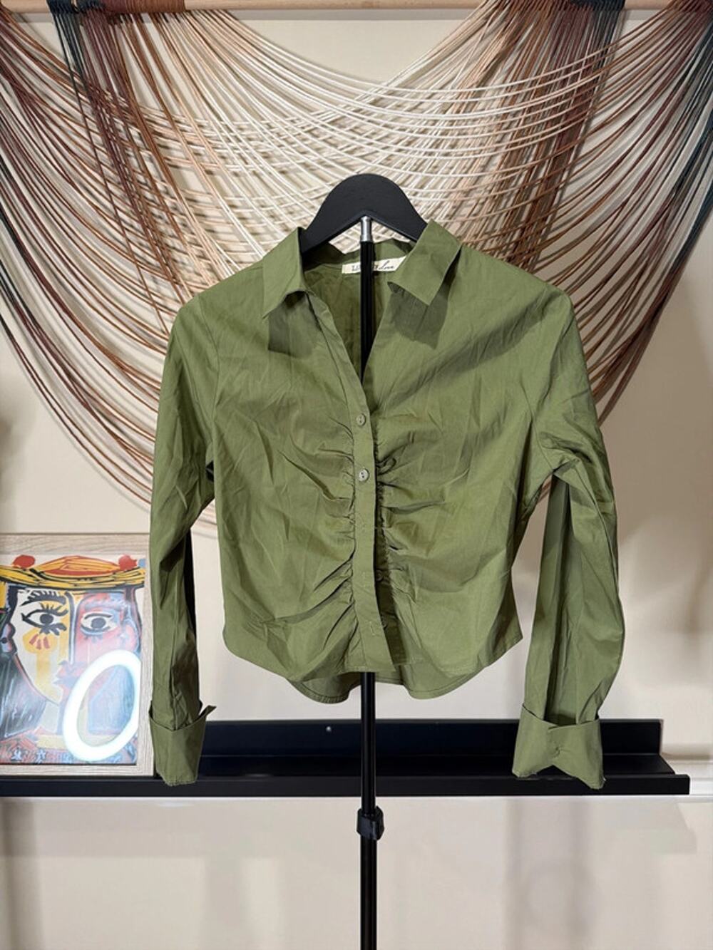 Liberty love green cropped, button-down shirt, cotton blend EUC  2461 S